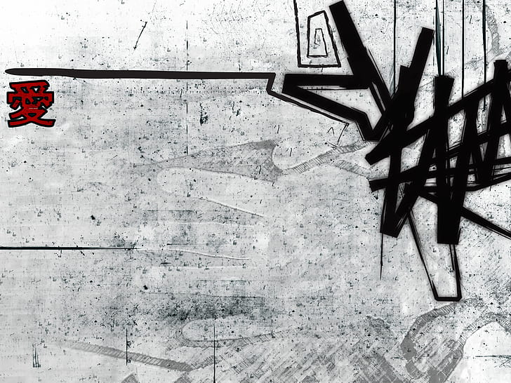 Graffiti HD, ilustraciones de guiones kanji en blanco y gris negro, artístico, graffiti, Fondo de pantalla HD
