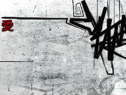 Graffiti HD, ilustraciones de guiones kanji en blanco y gris negro, artístico, graffiti, Fondo de pantalla HD HD wallpaper