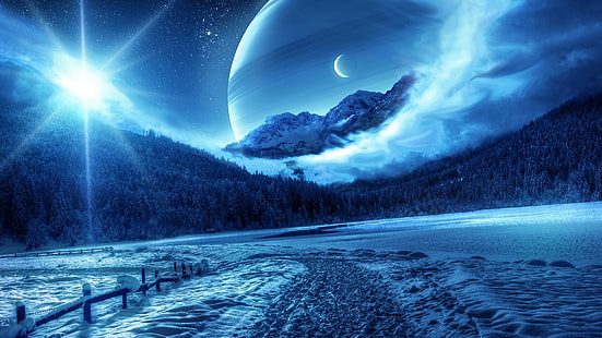 พื้นหลังศิลปะดิจิตอลสีฟ้าน้ำแข็งฤดูหนาวธรรมชาติดาวเคราะห์, วอลล์เปเปอร์ HD HD wallpaper