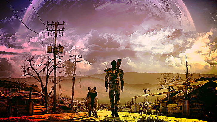 Hombre caminando con ilustración de perro marrón y negro, Fallout 4, videojuegos, Fondo de pantalla HD