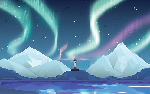 Aurora & Lighthouse 4K, lighthouse, Aurora, Mountains, Northern, Minimal, HD wallpaper HD wallpaper