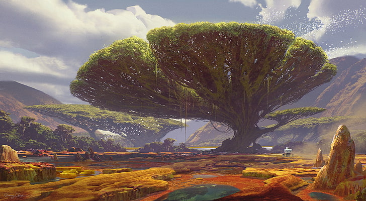 Digitalkunst des hohen grünen Baums, Landschaft, Grafik, Bäume, HD-Hintergrundbild