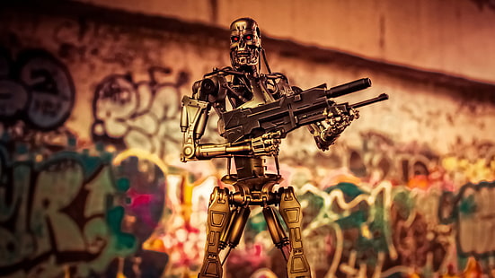 bakgrund, leksak, robot, statyett, Terminator, T-800, HD tapet HD wallpaper