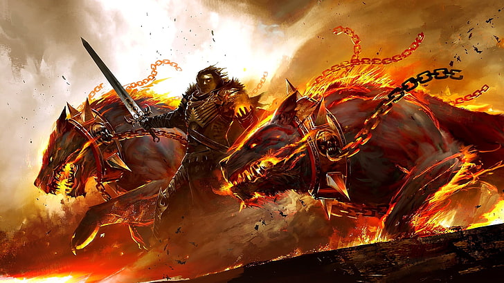 armored warior and two creatures digital wallpaper, guild wars, dogs, beasts, fire, chains, HD wallpaper