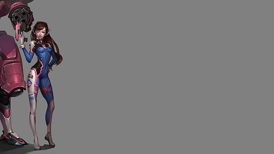 Digitale Tapete des braunhaarigen Spielcharakters, Overwatch, D.Va (Overwatch), Videospiele, grauer Hintergrund, digitale Kunst, HD-Hintergrundbild HD wallpaper