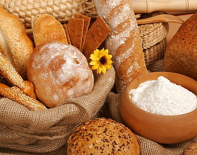 assorted breads, baskets, bread, biscuits, flour, flower, HD wallpaper HD wallpaper