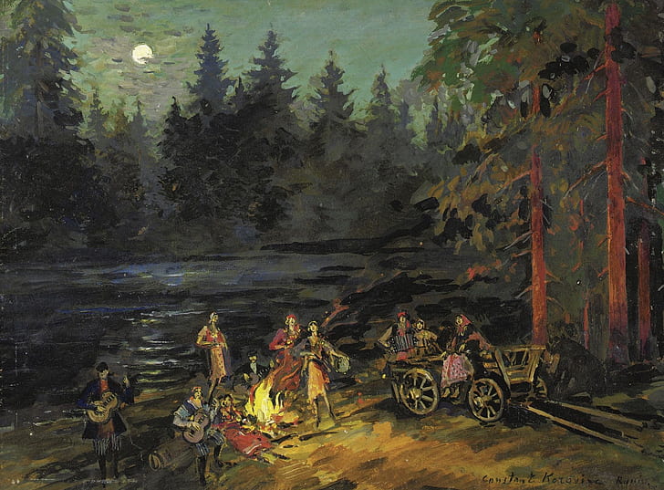 forest, landscape, night, picture, the fire, Konstantin Korovin, Gypsies by the River. Yaroslavl Province, HD wallpaper