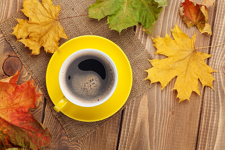 taza amarilla con platillo, otoño, hojas de arce, tazas, café, mesa, Fondo de pantalla HD