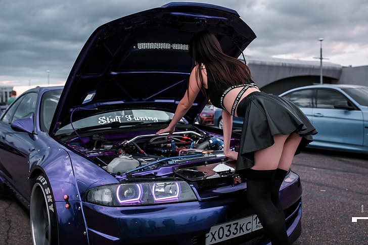 machine, auto, girl, pose, skirt, knee, Nissan GT-R, Igor Deakin, HD wallpaper
