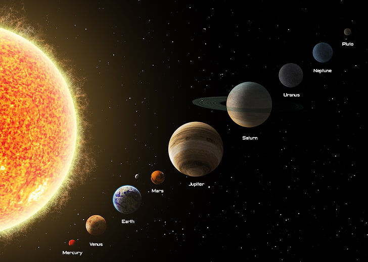رسم توضيحي للنظام الشمسي ، الفضاء ، النظام الشمسي ، الشمس ، عطارد ، الزهرة ، الأرض ، المريخ ، كوكب المشتري ، زحل ، أورانوس ، نبتون ، بلوتو، خلفية HD