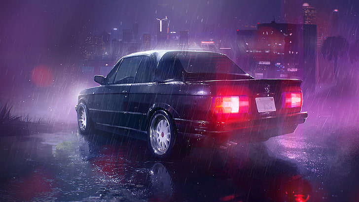 sedán negro, arte digital, neón, automóvil, BMW E30, lluvia, Fondo de pantalla HD