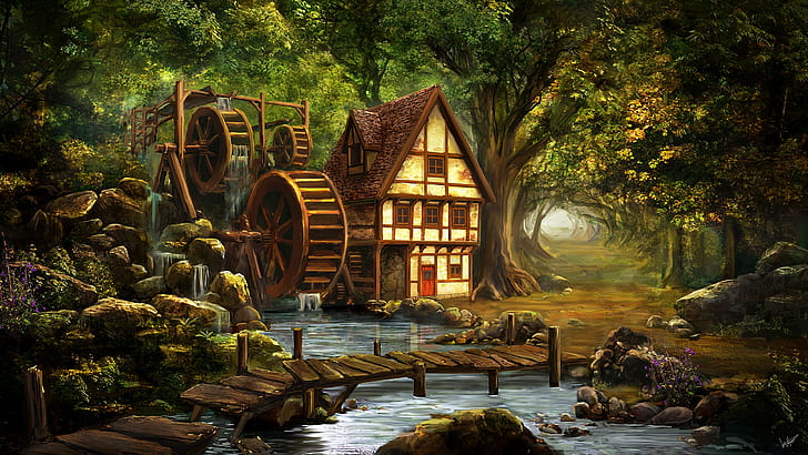 bosque, arte de fantasía, mágico, molino de agua, ilustración, pintoresco, país de los sueños, soñador, cuento de hadas, magia, choza, naturaleza, romántico, arte de la pintura, cabaña, río, molino, paisaje, bosque, pintura, casa, Fondo de pantalla HD