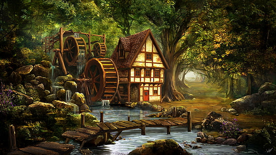 woodland, fantasy art, magical, watermill, illustration, picturesque, dreamland, dreamy, fairytale, magic, hut, nature, romantic, painting art, cottage, river, mill, landscape, forest, painting, house, HD wallpaper HD wallpaper