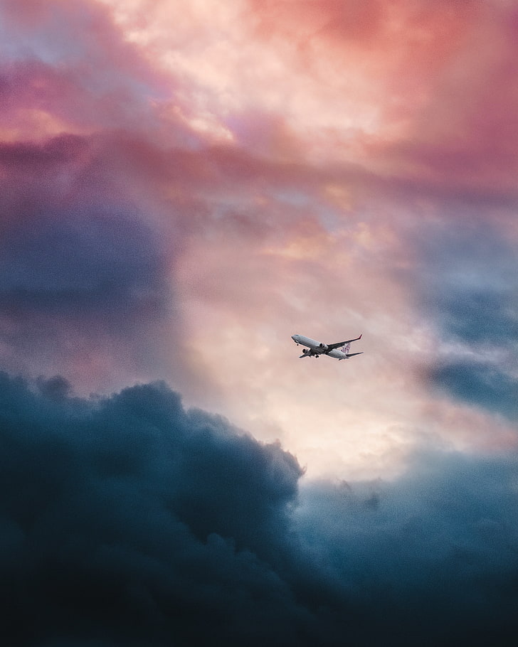 avion gris, avion, nuages, vol, ciel, Fond d'écran HD, fond d'écran de téléphone