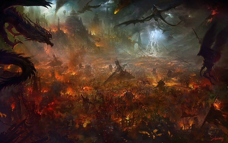 artwork war fire burning thunderbolt siege castle destruction dragon, HD wallpaper