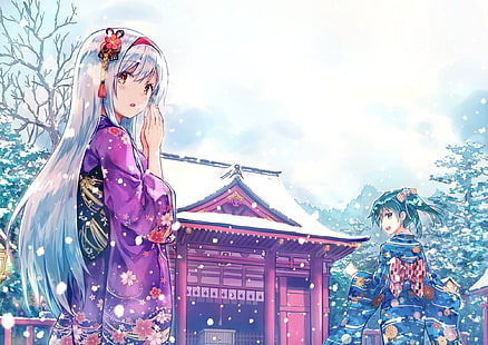 аниме, аниме девушки, японская одежда, коллекция Kantai, кимоно, Shoukaku (KanColle), храм, снег, традиционная одежда, зима, Zuikaku (KanColle), HD обои HD wallpaper