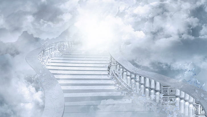 Стълбище в светлината, меко, чудо, стълби, небе, вяра, светлина, синьо, облаци, 3d и абстрактно, HD тапет