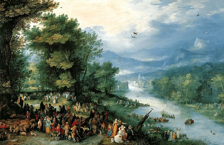 gambar, genre, mitologi, Jan Brueghel yang lebih tua, Lansekap bersama TAVIA dan Malaikat, Wallpaper HD