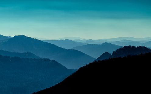 silhouette de montagne, photo de montagnes, nature, paysage, silhouette, soirée, ciel, bleu, forêt, collines, vallée, horizon, Fond d'écran HD HD wallpaper