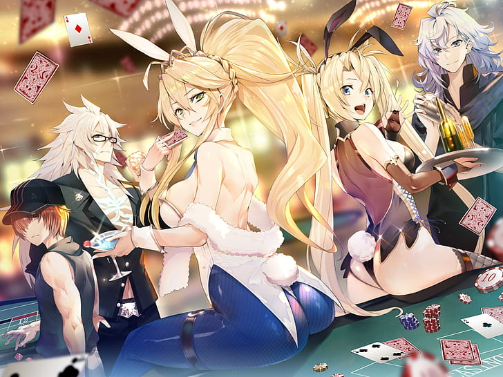 Artoria Pendragon, animal ears, bunny ears, bunny girl, long hair, ass, bodysuit, cleavage, gray hair, green eyes, short hair, hat, fruit, glasses, gloves, food, drink, ponytail, tail, underwear, thighhighs, twintails, tiaras, HD wallpaper