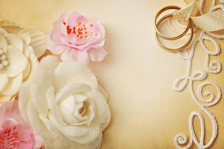 gold-colored wedding rings, flowers, ring, wedding, background, soft, lace, HD wallpaper