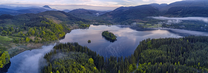 landscape photography of tall trees and body of water with tall mountains, loch ard, loch ard, Loch Ard, Panorama, landscape photography, tall, trees, body of water, mountains, Scotland, Trossachs, Loch Lomond, National Park, Kinlochard, Ben Lomond, Gorm, crannog, Morning, mist, nature, mountain, forest, landscape, scenics, lake, outdoors, water, tree, summer, HD wallpaper HD wallpaper