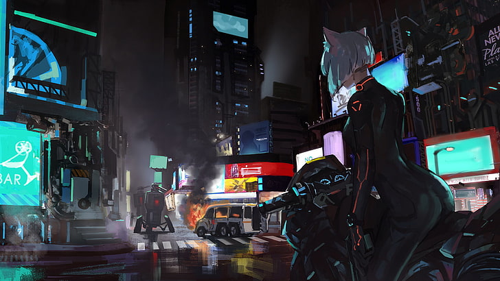 woman riding on motorcycle illustration, short hair, city, motorcycle, cyberpunk, cat ears, HD wallpaper