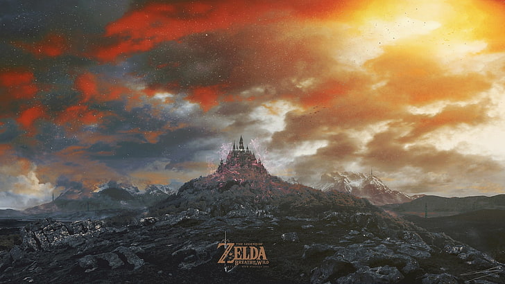 The Legend of Zelda tapet, slott, The Legend of Zelda: Breath of the Wild, solljus, videospel, The Legend of Zelda, HD tapet