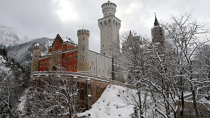 castelo marrom e cinza, arquitetura, castelo, neve, inverno, HD papel de parede