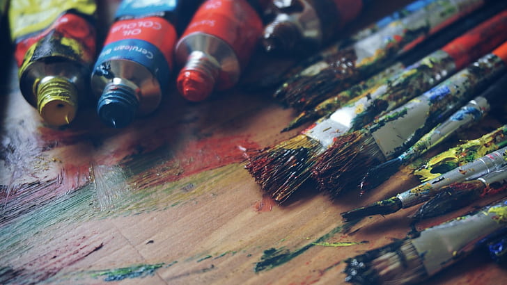 paintbrushes, painting, colorful, warm colors, HD wallpaper