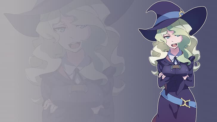 Little Witch Academia, Luna Nova uniform, diana cavendish, Cavendish Diana, robes, arms crossed, blonde, long hair, blue eyes, witch hat, Witch Costume, shirt, white shirt, big hat, open mouth, looking at viewer, simple background, anime girls, anime, trigger, belt, ribbon, blue ribbons, HD wallpaper
