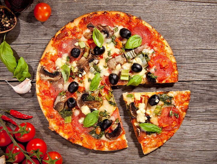 cheese, dish, food, garlic, olives, pizza, salami, slice, spices, tomatoes, HD wallpaper
