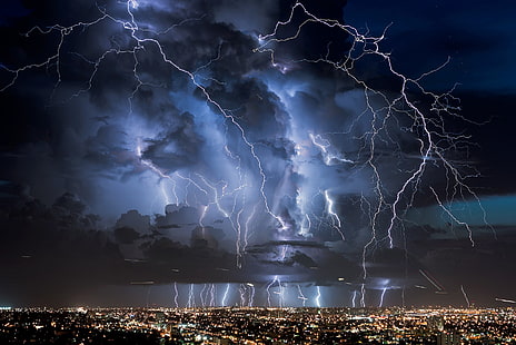ciudad, electrica, naturaleza, rayos, tormenta, HD тапет HD wallpaper