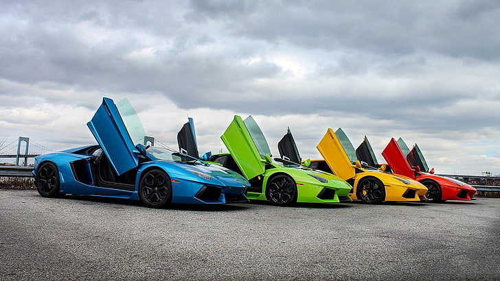 cztery samochody sportowe w różnych kolorach, Lamborghini, samochód, Lamborghini Aventador, Tapety HD