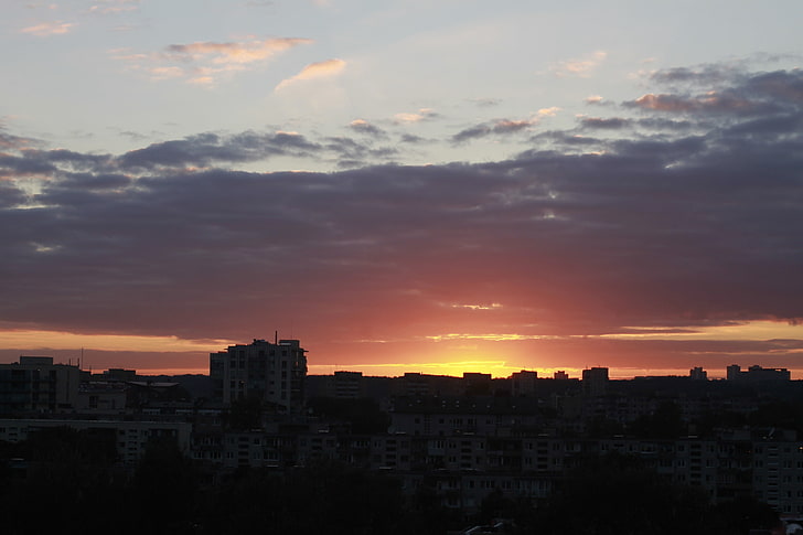silhouette of cityscape, morning, cityscape, city, sky, HD wallpaper