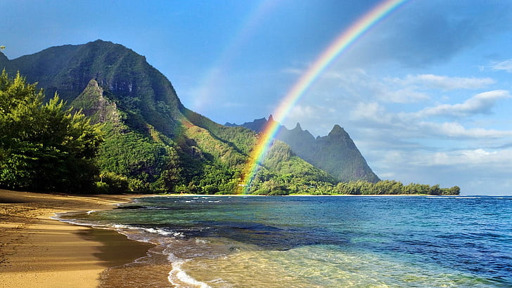 Glorious Rainbow On Hawaiian Beach, beach, mountains, rainbow, trees, nature and landscapes, HD wallpaper