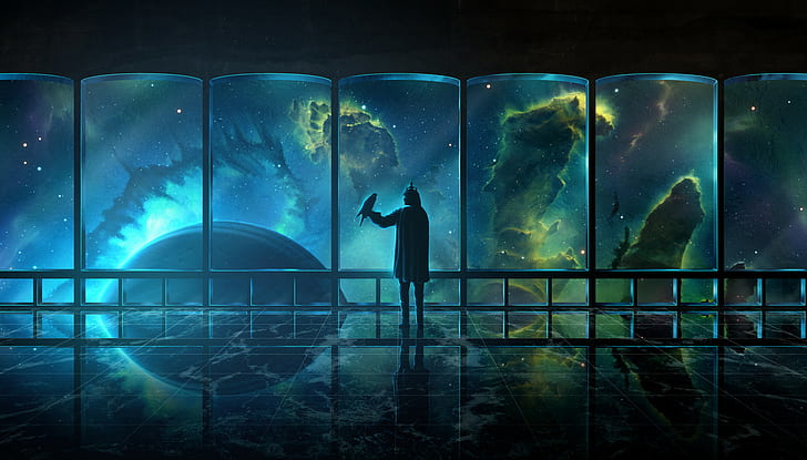 digital, digital art, artwork, fantasy art, dark, silhouette, drawing, paint brushes, painting, digital painting, landscape, space, observatory, space art, spacescapes, reflection, galaxy, universe, science fiction, nebula, surreal, Solar System, imagination, HD wallpaper