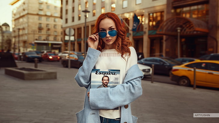 Anton Artyushin, women, model, redhead, women with shades, looking at viewer, depth of field, portrait, women outdoors, street, HD wallpaper