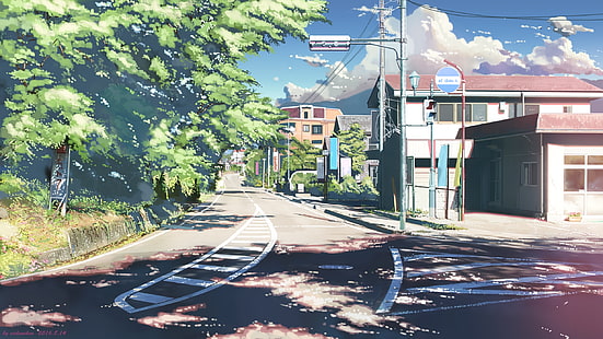 аниме пейзаж, дорога, здания, деревья, солнце, облака, живописные, аниме, HD обои HD wallpaper
