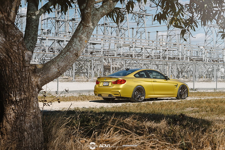 yellow 5-door hatchback, BMW, M4, BMW M4, ADV.1, ADV.1 Wheels, Austin Yellow, HD wallpaper