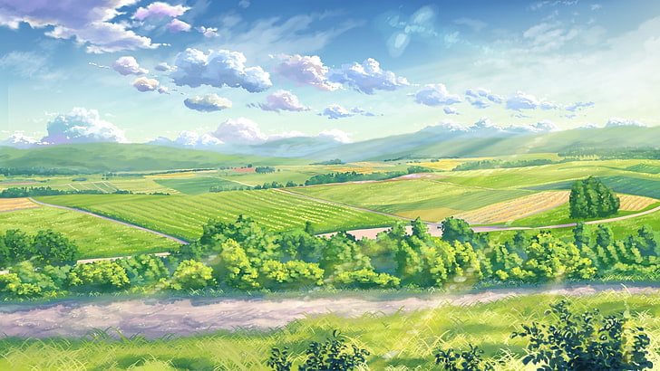 bidang pertanian hijau di bawah lukisan langit berawan, lanskap, sinar matahari, awan, lapangan, Wallpaper HD