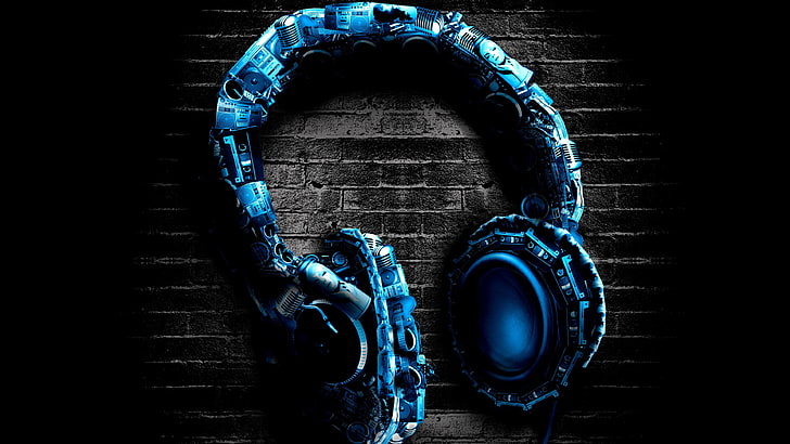 blue headphones wallpaper, blue, background, wall, headphones, stereo, HD wallpaper