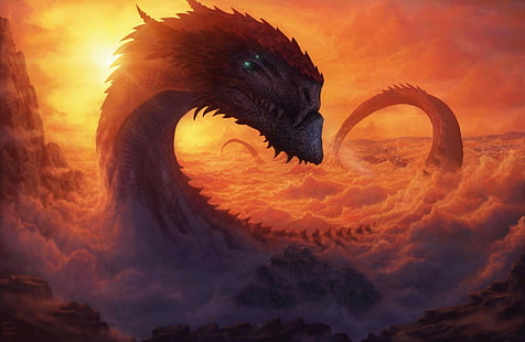 dragão, arte da fantasia, nuvens, céu, sol, dragão, arte da fantasia, nuvens, céu, sol, HD papel de parede HD wallpaper