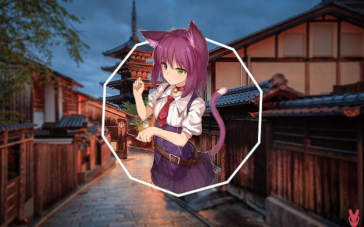 anime girls, neko ears, picture-in-picture, cat girl, heterochromia, anime, cat ears, purple hair, HD wallpaper