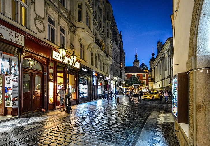 都市、チェコ語、ヨーロッパ、夕方、夜、古い、プラハ、プラハ、共和国、ショップ、通り、町、 HDデスクトップの壁紙