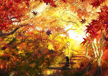 Anime, Original, Fall, Girl, Leaf, Wallpaper HD HD wallpaper