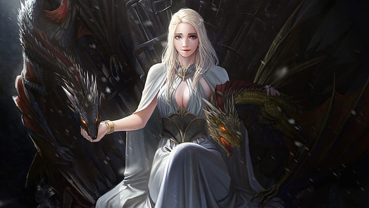 A Song Of Ice And Fire, Blonde, cleavage, Daenerys Targaryen, digital art, dragon, fantasy Art, Fantasy girl, Game Of Thrones, Iron Throne, throne, TV, HD wallpaper