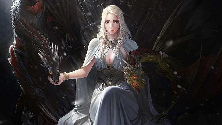 Ilustracja Game of Thrones, sztuka cyfrowa, Game of Thrones, Daenerys Targaryen, smok, Pieśń lodu i ognia, TV, dziewczyna fantasy, dekolt, sztuka fantasy, tron, Żelazny tron, blondynka, Tapety HD