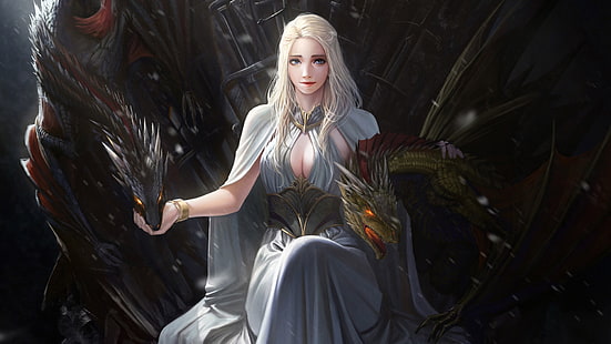 Ilustração de Game of Thrones, arte digital, Game of Thrones, Daenerys Targaryen, dragão, A Song of Ice and Fire, TV, garota de fantasia, decote, arte da fantasia, trono, trono de ferro, loira, HD papel de parede HD wallpaper