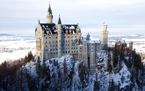 château en pierre de béton brun et blanc, bâtiment, château, neige, château de Neuschwanstein, Allemagne, Fond d'écran HD HD wallpaper